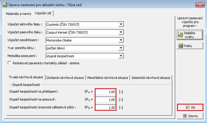 Dialogové okno Úprava nastavení pro aktuální úlohu Tížná zeď Potvrdíme tlačítkem OK a provedeme výpočet. (Využití 69,0% a 77,1%). Rám Posouzení výsledky výpočtu pro SF = 1.