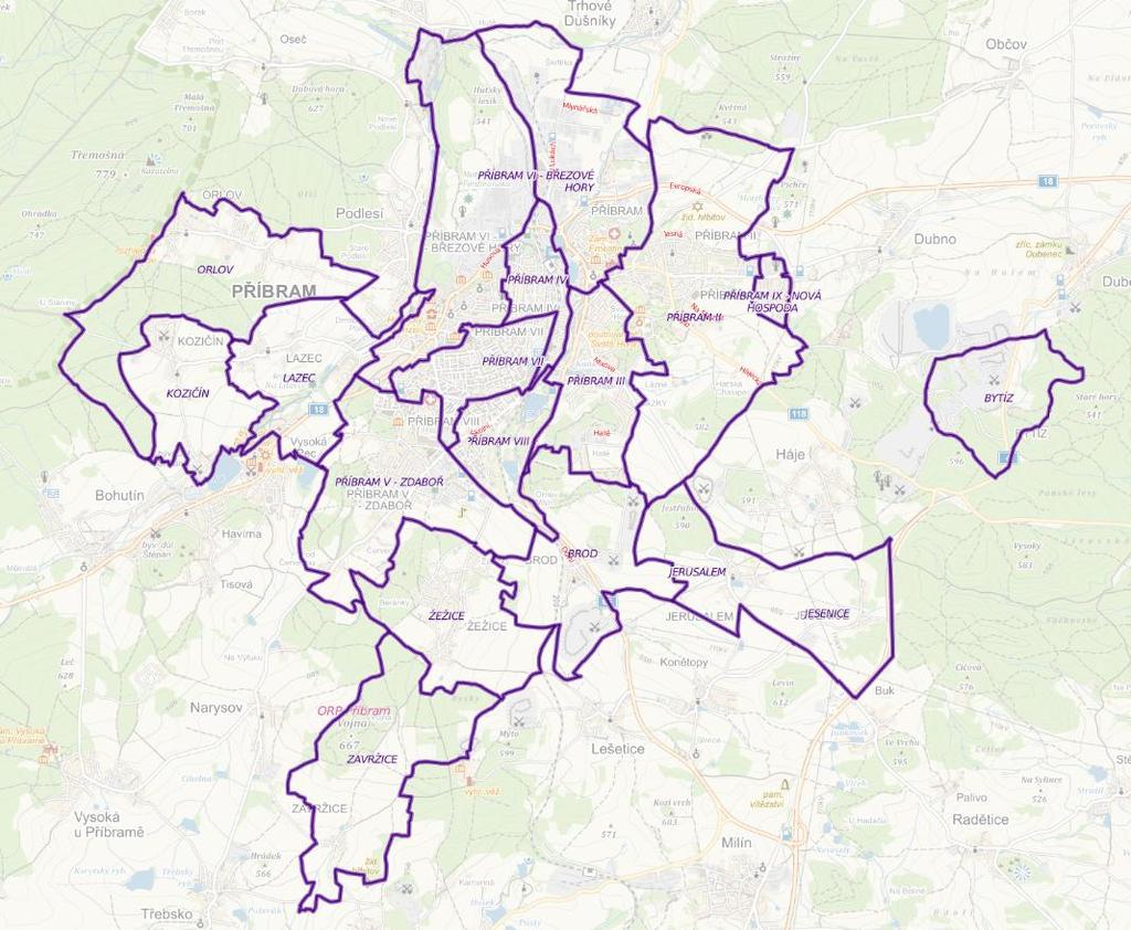 Obrázek 2 Územní členění města Příbram 3.2. Vyjížďka a dojížďka z/do města Město Příbram je místem se značným pohybem obyvatel za prací a do školy.