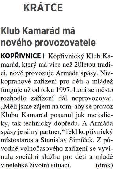 Armáda spásy 5plus2 Klub Kamarád má nového provozovatele 3.2.2017 5plus2 str.