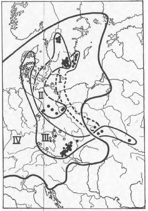 Obrázek 4: Postupnost osidlování střední Evropy a přilehlé Skandinávie ze sekce Leptogalium. I G. cracoviense (diploid, jih) a G. olandicum (diploid, sever); II G. suecicum (diploid); III G.