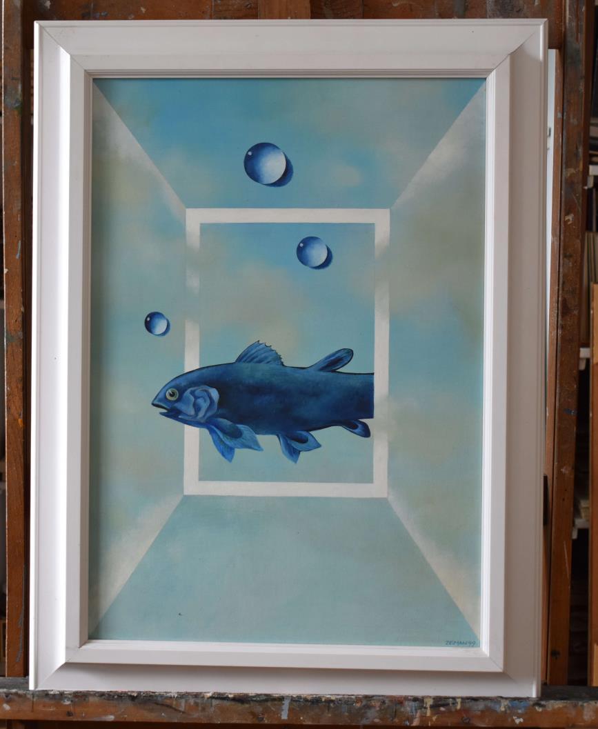 8) Modrá ryba, olej, sololit, 60 x 42 cm, 1999 Obraz s názvem Modrá ryba 1 ks Rozměry: rozměry malby - 60 x 42 cm Materiál: malba sololit, rám dřevo Technika:
