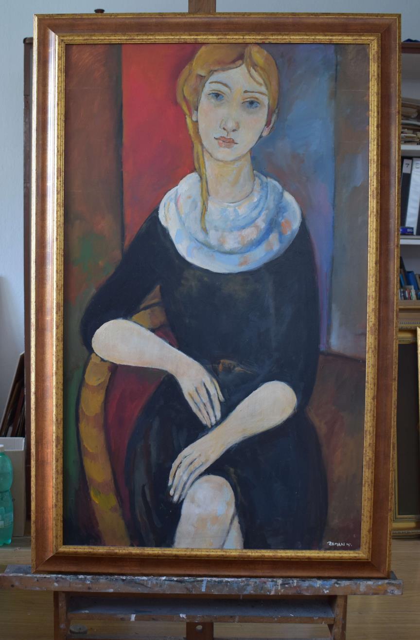 14) Žena s šátkem, olej, sololit, 100 x 60 cm, 2015 Obraz s názvem Žena s šátkem 1 ks Rozměry: rozměry malby - 100 x 60 cm Materiál: malba sololit, rám dřevo