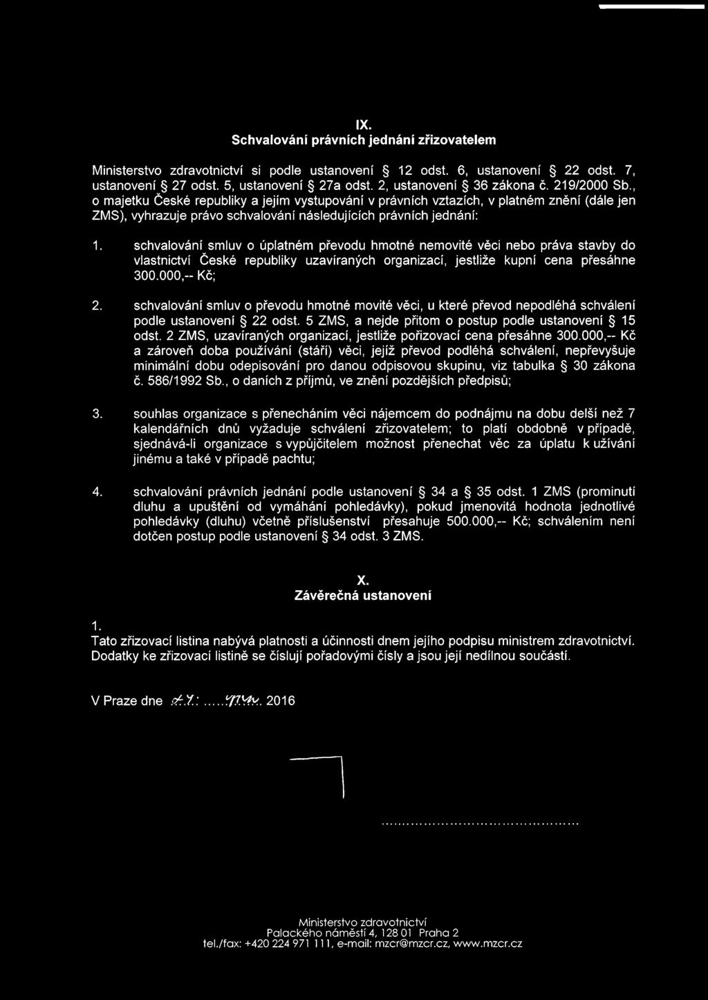 schvalování smluv o úplatném převodu hmotné nemovité věci nebo práva stavby do vlastnictví České republiky uzavíraných organizací, jestliže kupní cena přesáhne 300.000,- Kč; 2.