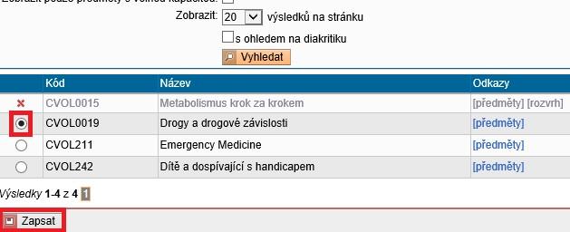 Vybráním pracoviště pomocí combo boxu Garant zobrazíte pouze předměty garantované daným pracovištěm.