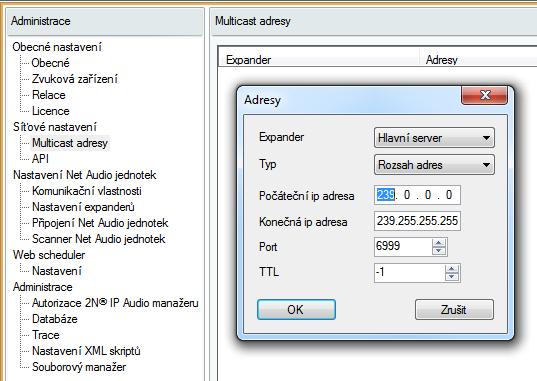 Síťové nastavení Multicast adresy Umožňuje nastavení adres pro multicast. Zde je možné volit multicast pro rozsah adres, multicast pro rozsah portů nebo vysílat jenom na jedné IP adrese.
