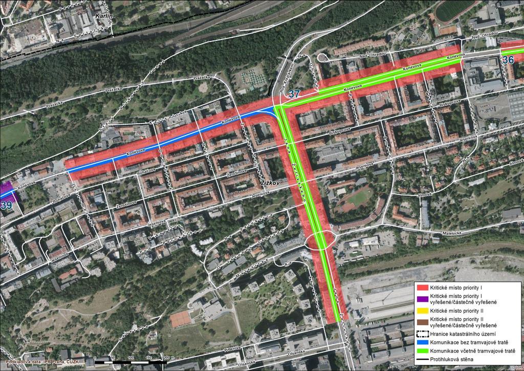 37 Žižkov Koněvova, Jana Želivského V ulicích Koněvova, v úseku od křižovatky s ulicí Ostromečská po křižovatku s ulicí Na Vápence, a Jana Želivského, v úseku po křižovatku s ulicí Olšanská, byla