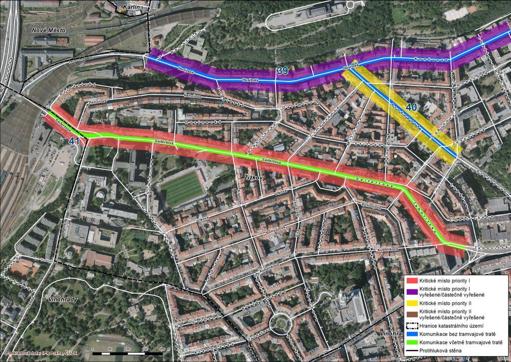 41 Žižkov, Vinohrady Seifertova, Táboritská V ulicích Seifertova a Táboritská, v úseku po křižovatku s ulicí Ondříčkova, byla lokalizována kritická místa.