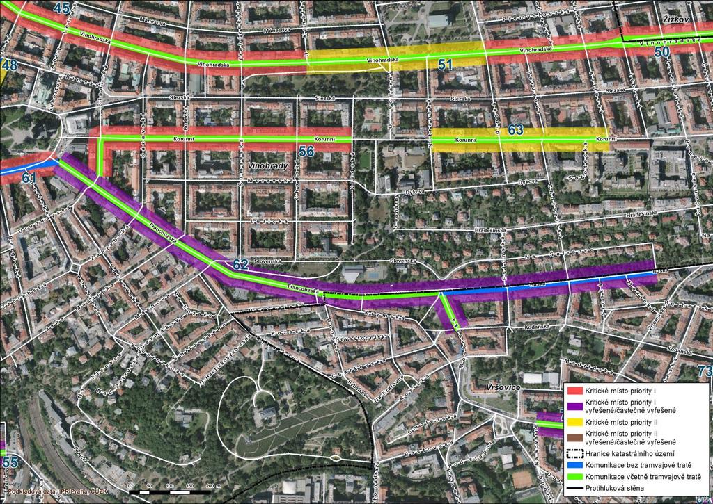 62 Vinohrady, Vršovice Francouzská, Ruská, Moskevská V ulicích Francouzská, Ruská a Moskevská bylo lokalizováno kritické místo v úseku mezi křižovatkami s komunikacemi Na Šafránce, Kodaňská a náměstí