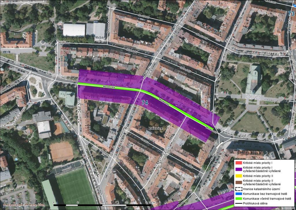 74 Vršovice Moskevská V ulici Moskevská bylo lokalizováno kritické místo v úseku mezi křižovatkami s komunikacemi Na Kovárně a Slovinská.