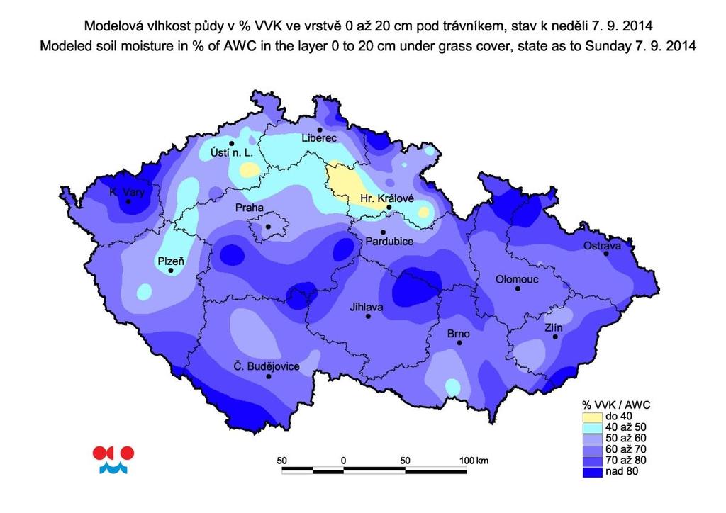G. Vyhodnocení stavu sucha V průběhu minulého týdne zásoby vláhy v povrchových půdních vrstvách spíše stagnovaly, dobrá a dostatečná zásoba vody převládá na celém území ČR.