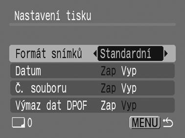 Vytiskne snímky jak ve standardním, tak v indexovém formátu. K tisku se přidá datum. Číslo souboru (Zap/Vyp*) K tisku se přidá číslo souboru.