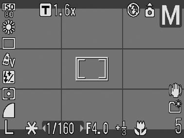 50 Základní operace Informace zobrazované na LCD monitoru Informace k fotografování (Režim fotografování) Mřížka Vodítko 3:2 b a Rámeček pro bod bodového AE/ Rámeček AF c Citlivost ISO* ( ) str.