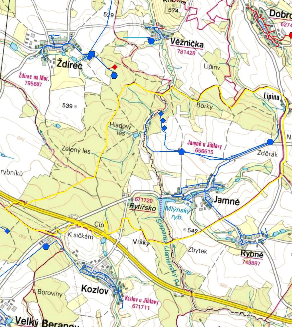 MAPA - VODOVODY Trasování sítí, lokalizace vodojemů, zdrojů, čerpacích stanic, ATS, ÚV Vodovodní řady Vodojem zemní