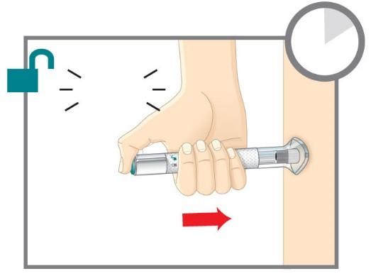 3 Stiskněte a držte Stiskněte a držte zelenomodré injekční tlačítko; uslyšíte hlasité cvaknutí. Průhlednou základnu drže stále pevně na kůži.