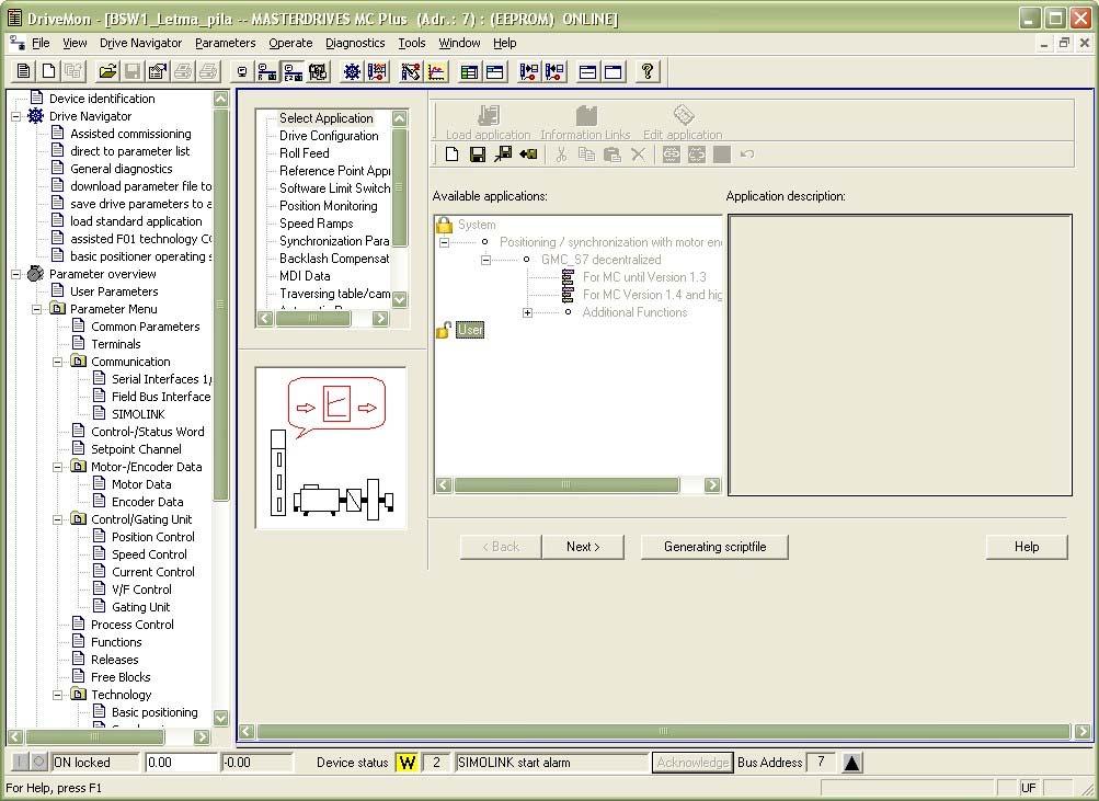 01.2002 Standardní nastavení 3. V okně Select application vybereme standardní skript GMC_S7_decentralized pro danou verzi software nejčastěji Verze 1.4.