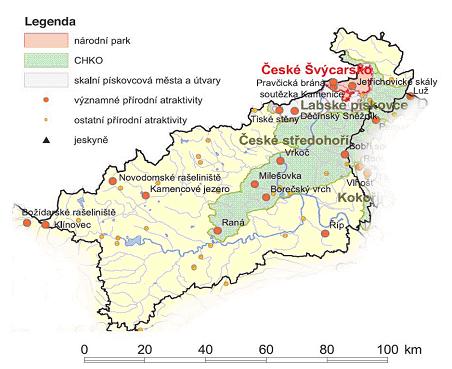 Obrázek 13: Přírodní atraktivity cestovního ruchu v Ústeckém kraji Zdroj: upraveno podle Atlas cestovního ruchu České republiky (2006) Dalšími atraktivitami regionu, i když již méně využívanými pro