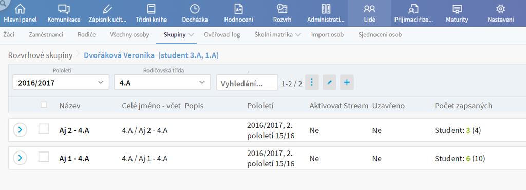 Obr. 21: Přidání žáka do rozvrhové skupiny V záložce Student je možné kliknutím na ikonu + přidat nového žáka nebo i více žáků najednou.