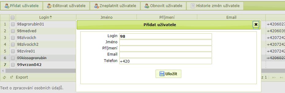 2.3 Založení nového uživatelského účtu 98xxx ADMIN může pracovat s existujícími účty 99x přidělenými SZIF/MZe.