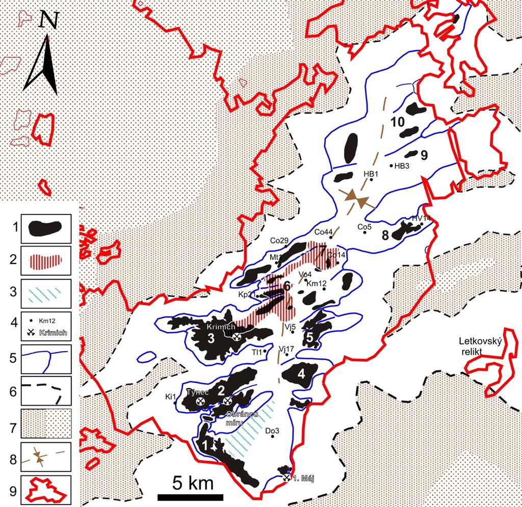 Obr. 12 Mapa paleogeografie a uhlonosnosti radnických vrstev v plzeňské pánvi (Opluštil 2005) 1 radnické a místy též plzeňské souslojí, 2 lubenské souslojí, 3 oblast možného výskytu slojí radnických