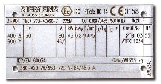 Elektrické údaje Výkon Výkonnostní štítek Jmenovitý výkon platí pro trvalé zatížení S1 dle ČSN EN 60 034-1 při kmitočtu 50Hz, teplotě okolí a chladiva Θ CS do 40 o C a montáž stroje v nadmořské výšce