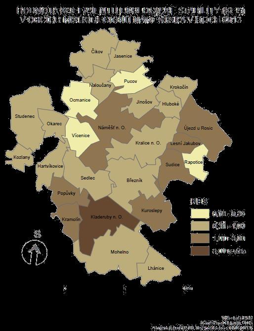 Mapa 6: Koeficient ekologické stability v obcích Mapa 6. zobrazuje hodnotu tzv. koeficientu ekologické stability v jednotlivých obcích mikroregionů. Laicky řečeno, čím je k. ú.