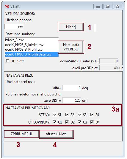 ( zero DIST obr. 6.7). Tato vzdálenost je od středu vtisku zpravidla minimálně dvojnásobek délky uhlopříčky daného vtisku. Obr. 6.7 - Nastavovací panel pro zpracování experimentálních dat z měření topografie vtisku Obr.