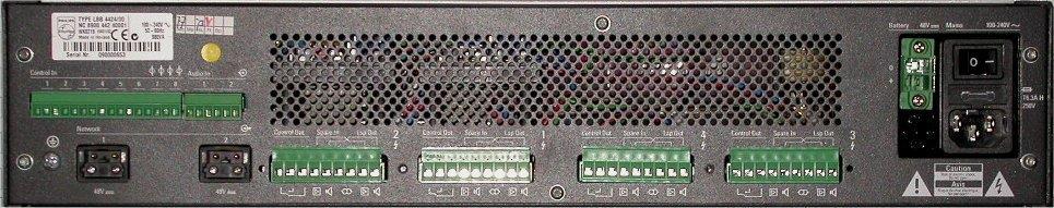 Výkonové zesilovače 1, 2, 4 kanálový zesilovač Řídicí vstupy Vstup MIC/linka Výstup chladícího vzduchu 48V DC Back-up Síťový