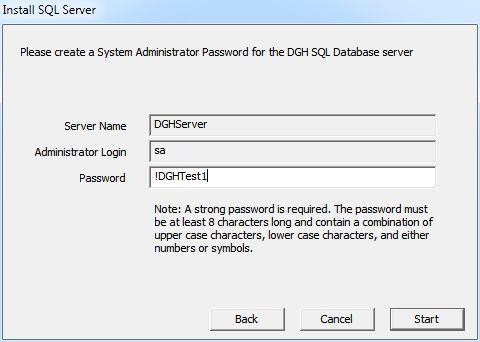 Pokud budete instalovat SQL Server pro program Scanmate poprvé, budete požádáni o vytvoření administrátorského účtu a hesla. Server bude pojmenován DGHServer.