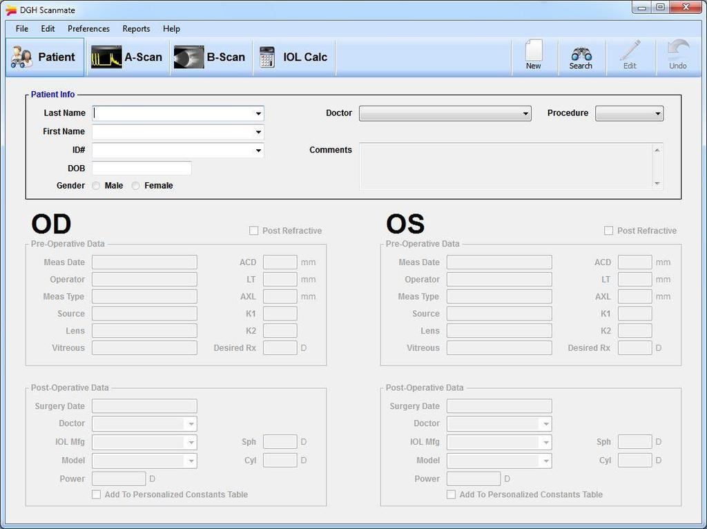 14 Okno s daty pacienta (Patient Data Screen) Aplikace Scanmate otevře automaticky okno s daty pacienta po svém spuštění.