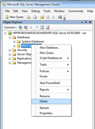 3) Otevřete Databáze (Databases), klikněte pravým tlačítkem na DGH-Scanmate a vyberte Smazat (Delete). 19.