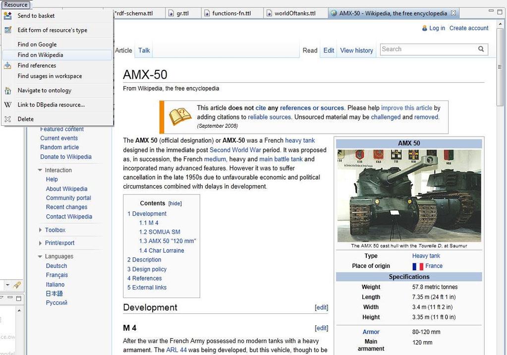 5.2 Vyhledávací funkce Poměrně zajímavá je možnost vyhledávaní na wikipedii během práce. Pokud jsem měl vybranou instanci tanku AMX-50. A klikl jsem na tuto funkci.