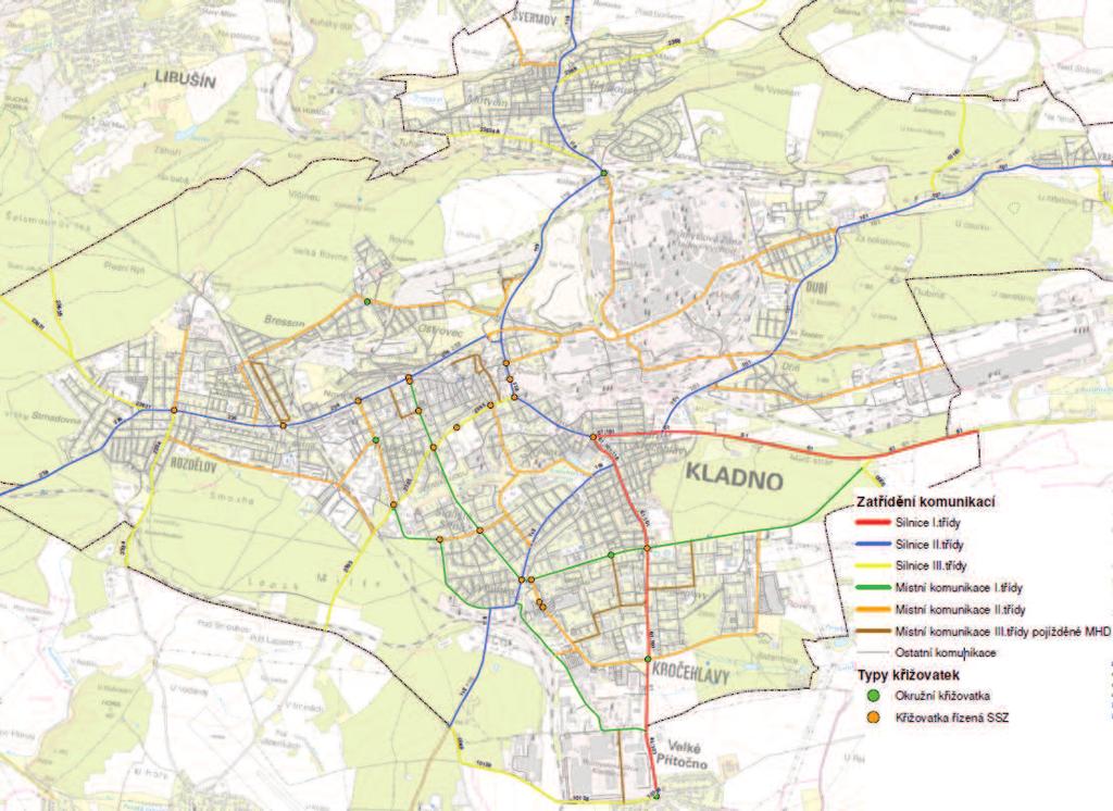 Plán udržitelné městské mobility Statutárního města Kladna Analýza současného stavu hluková studie Rozdělení pozemních komunikací města Kladna do jednotlivých tříd znázorňuje následující obrázek: