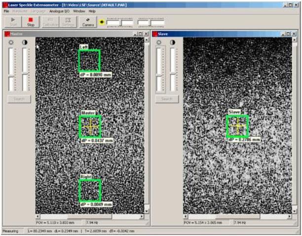 Snímaný obraz je vyhodnocován v počítačovém programu, viz obrázek 13. Počítačový program sleduje posun vybraných bodů na dvou po sobě jdoucích snímcích z kamery a tím vypočítá deformaci.