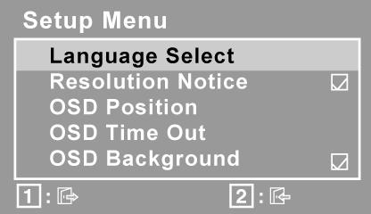 Resolution Notice (Upozornění na rozlišení) doporučuje optimální rozlišení. OSD Position (Umístění rozhraní OSD) umožňuje přesouvat nabídky rozhraní obrazovky a okna s nastavením.