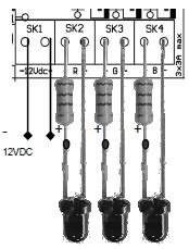 LED LED vyžadují sérii rezistorů (R4, R5 nebo R6). Zjistěte pokles napětí v LED (viz datasheet od výrobce). Odhad: červená: 1,7V, zelená: 2V, modrá: 3...4V. Poté zjistěte vyžadovaný proud LED.