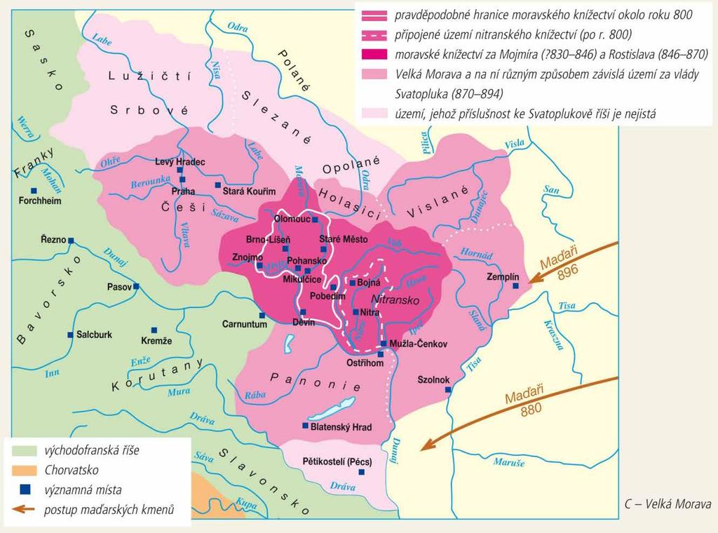Upravena mapa C. Upraveno území patřící k Velké Moravě dle soudobých poznatků (prof. Wihoda).