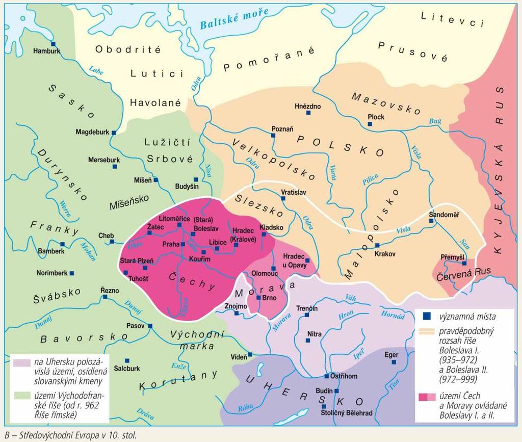 Upravena mapa B. Upraveno území ovládnuté Boleslavem I. a II. dle současných vědeckých poznatků a úprav prof. Wihody.
