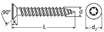 VRUT SE ZAPUŠTĚNOU HLAVOU A VNITŘNÍM HVĚZDICOVÝM ŠESTIHRANEM HEXALOBULAR COUNTERSUNK SCREWS FOR CHIPBOARD Materiá: Oce, nerez A2 Povrchová úprava: Bíý zinek, žutý zinek Torx k 2 3,0 TX10 1,5 5,6-6,0