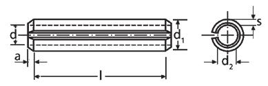 Čepy, koíky, pera, závačky Spojovací materiá NORMA: DIN 1481 KOLÍKY PRUŽNÉ S DRÁŽKOU (DRÁŽKAMI) SPRING-TYPE STRAIGHT PINS - HEAVY TYPE Materiá: Oce, nerez - A2 Povrchová úprava: Bez povrchové úpravy