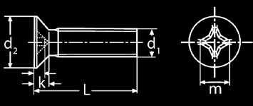 Maá metrika Spojovací materiá DIN 965, DIN 966 NORMA: DIN 965 ŠROUBY SE ZAPUŠTĚNOU HLAVOU A KŘÍŽOVOU DRÁŽKOU CROSS RECESSED COUNTERSUNK HEAD SCREWS Materiá: Oce, nerez - A2, A4, Pevnost: 4.