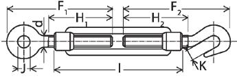 NORMA: DIN 1480 ANGLICKÁ MATICE, NAPÍNÁK OKO, HÁK TURNBUCKLES EYE & HOOK TYPE Materiá: oce, nerez A4, žárový zinek F1 H1 H2 F2 J K Nosnost M 5 71 56 35 35 61