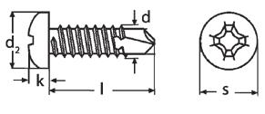 SELF-DRILLING CROSS RECESSED PAN HEAD SCREWS Materiá: Oce, nerez A2 Povrchová úprava: Zinek 2,9 st 3,5 st 3,9 st 4,2 st 4,8 st 5,5 st 6,3 st 2 5,6 6,9 7,5 8,2 9,5 10,8 12,5 k max 2,2 2,6 2,8