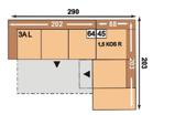 vpravo; 1 KS = Křeslo s podhlavníkem Ložná plocha: 262 x 126 cm 3A L = 3-sedák s funkcí příčného lůžka, područka vlevo; SE = Špičatý roh; 2S R = 2-sedák s úložným prostorem, područka vpravo Ložná