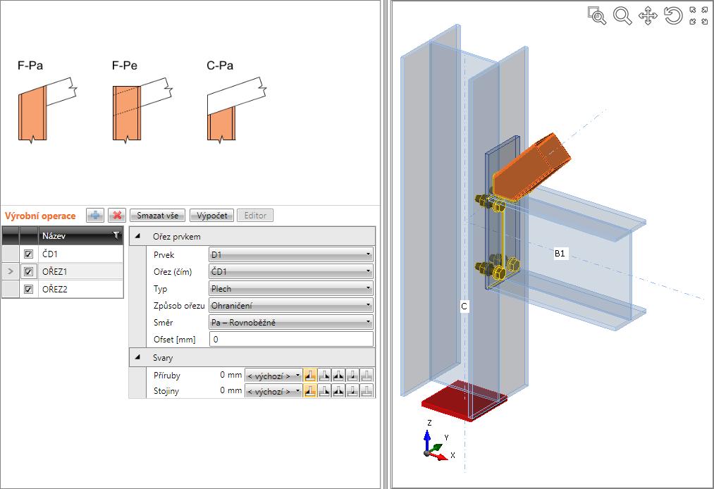 Uživatelská příručka IDEA Connection 26 Ořez diagonály. Na nosník B1 je zadána operace Čelní deska, kterou je nosník připojen ke sloupu C.