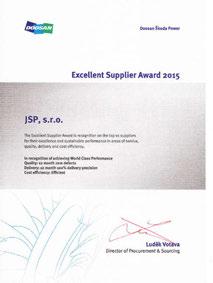The turbine manufacturer Doosan Škoda Power granted JSP the Excellent Supplier Award 2015, ranking the company among the best ten from the total of 1,500 active suppliers from all over the world.