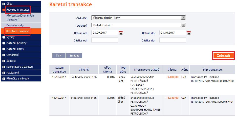 4. Platební transakce provedené Kartou V IB jsou dostupné informace o Platebních transakcích provedených Kartou. Tyto informace si můžete zobrazit i přímo z obrazovky detailu Karty (viz bod 3.1.