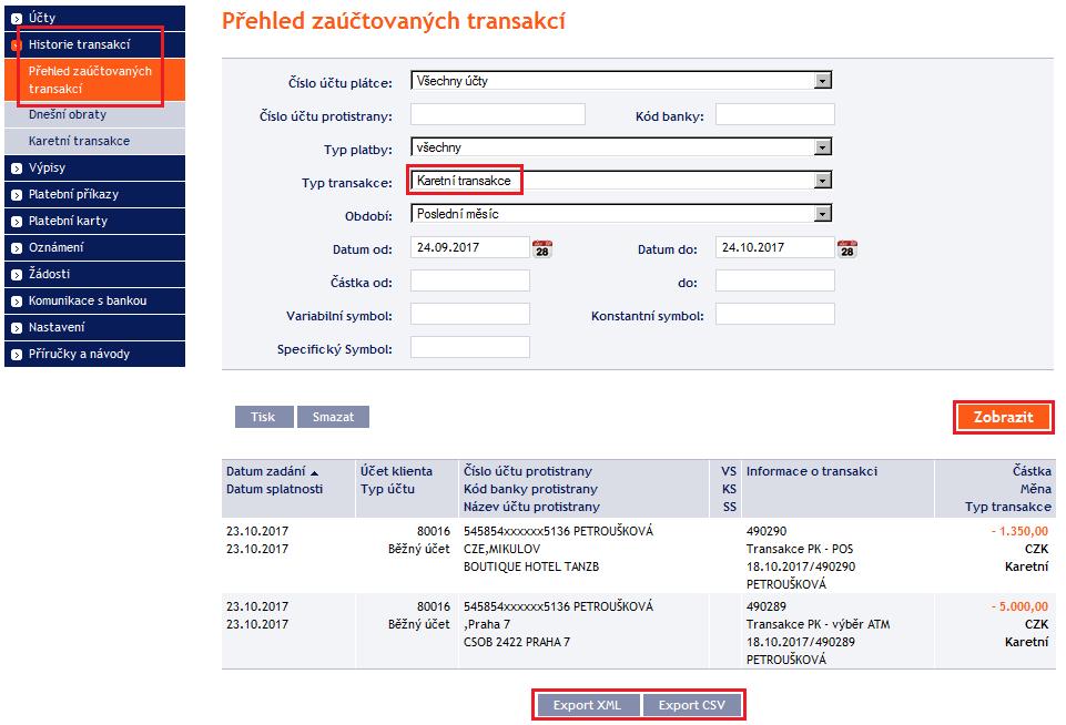 4.4. Neúspěšné Platební transakce provedené Kartou Ve volbě Platební karty a Neúspěšné karetní transakce si zobrazíte Platební transakce provedené Kartou, které