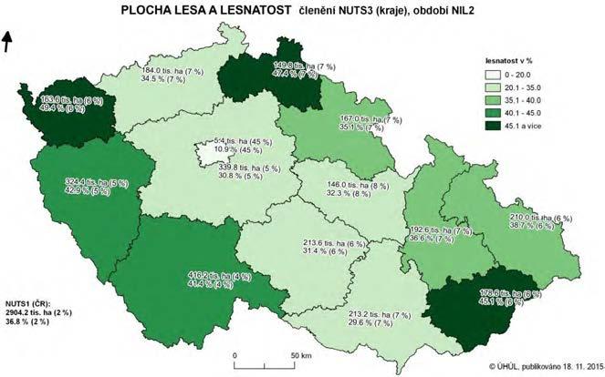 Obrázek 4.6.1.1.1 Plocha lesa a lesnatost v členění podle krajů (v %) Pramen: ÚHÚL Nejvyšší lesnatost byla zjištěna v Karlovarském kraji (49,4 %).