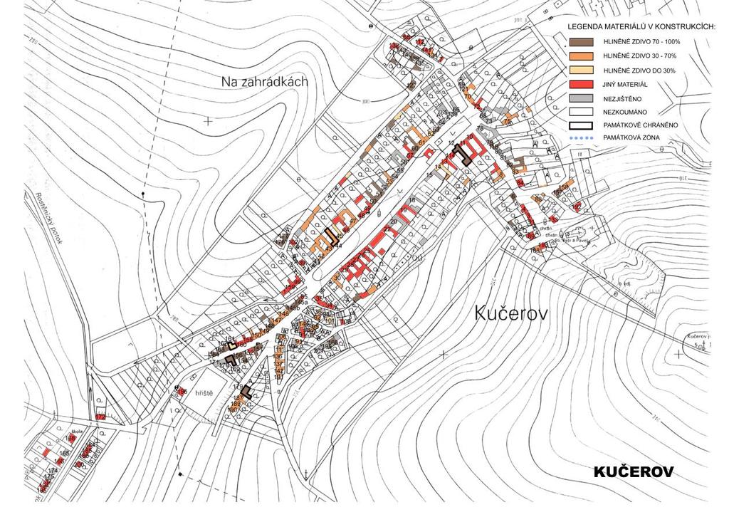 Do map byly podle vytvořené legendy materiálů v konstrukcích a podle podílu hliněného zdiva označeny stavby odlišnými barvami.