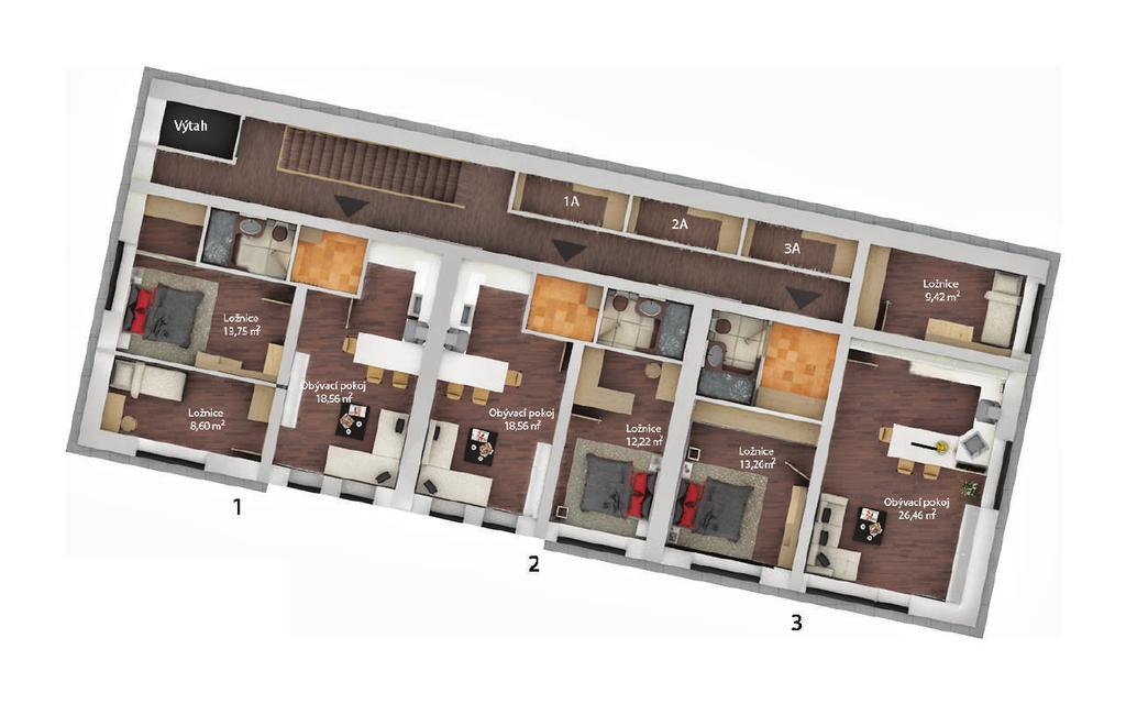 Architektonické řešení Na základě průzkumu trhu byly stanoveny orientační podlahové plochy bytových jednotek.